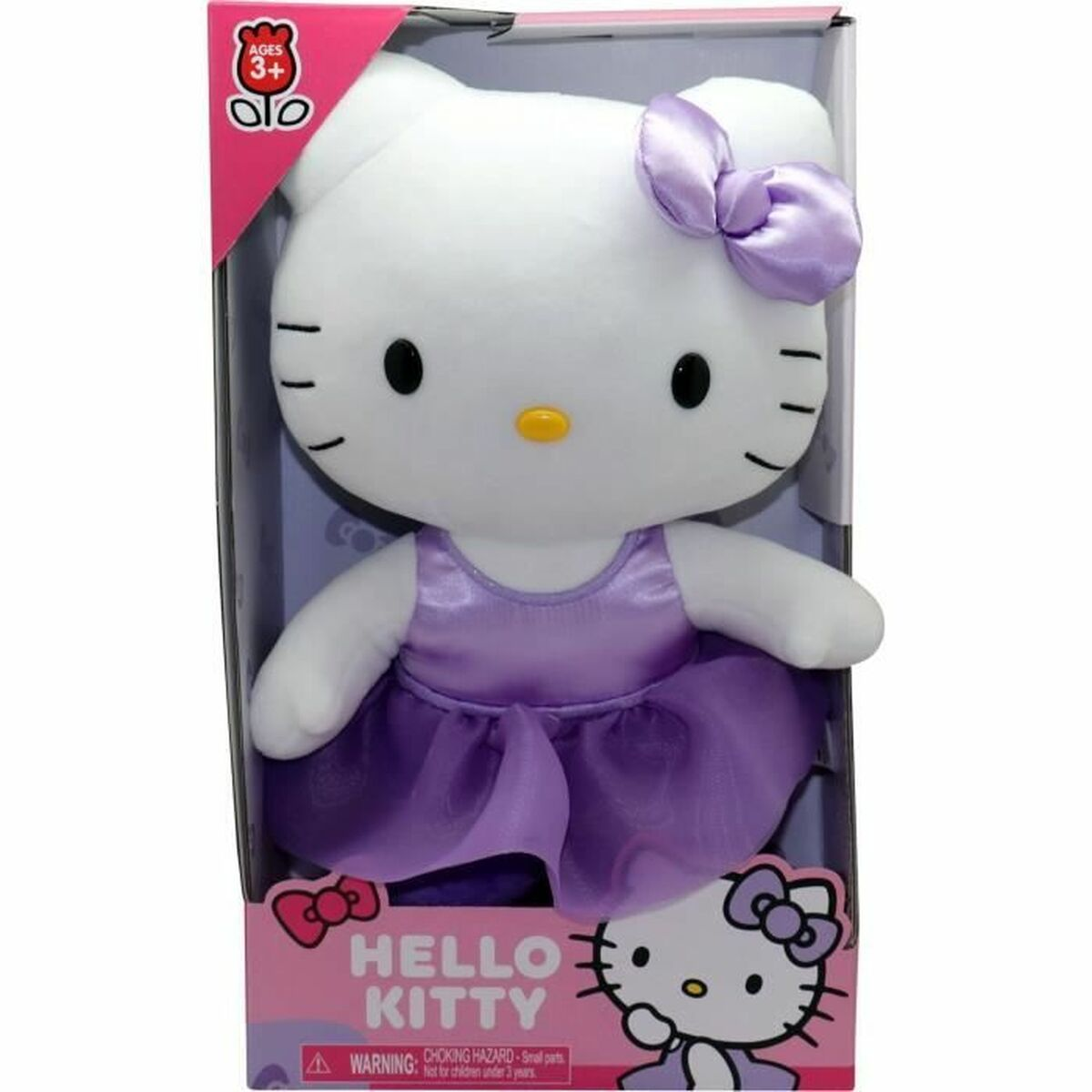 Eine weiße Hello Kitty Plüschfigur in einem violetten Ballettanzug mit Schleife.