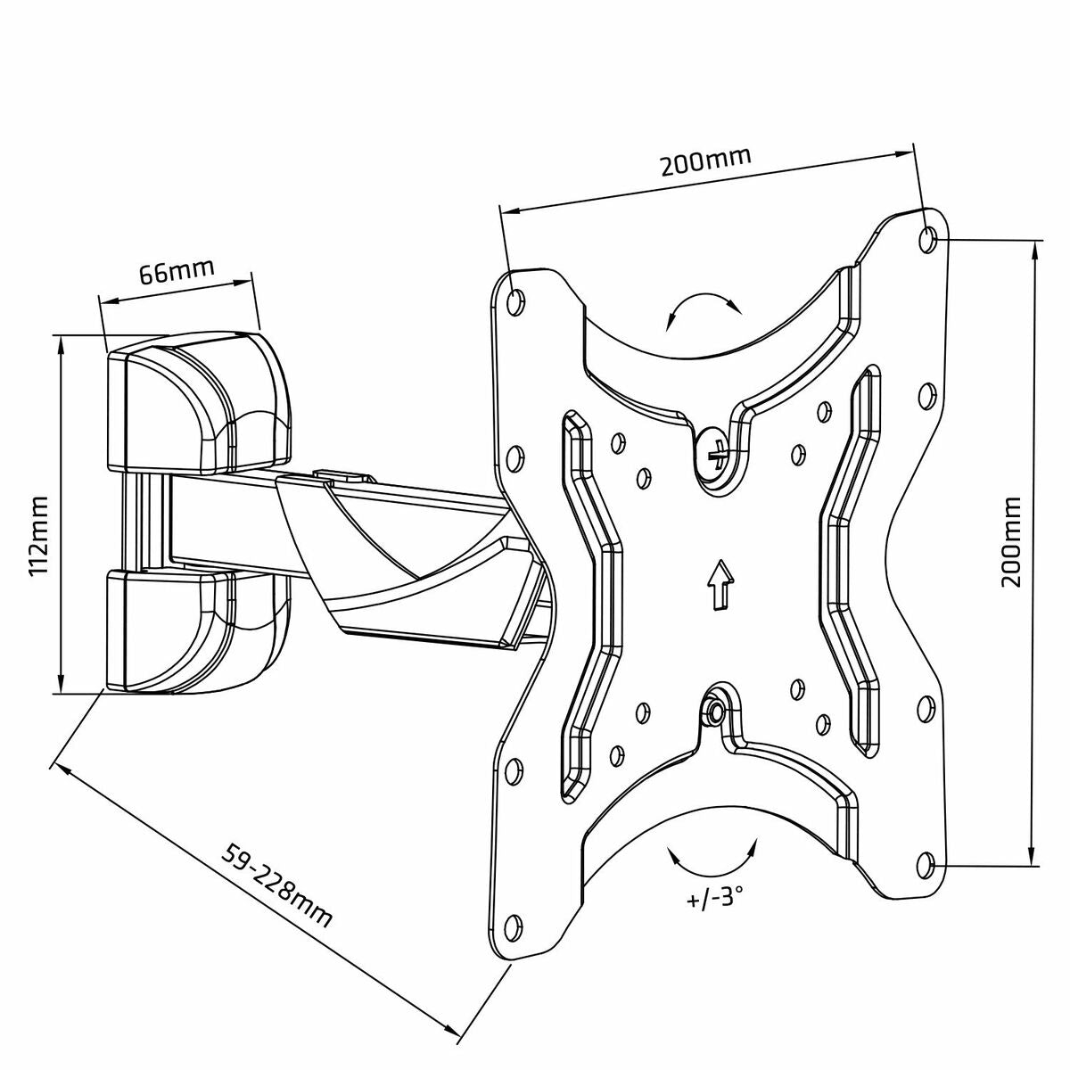 Technical drawing of a monitor mount with dimensions.