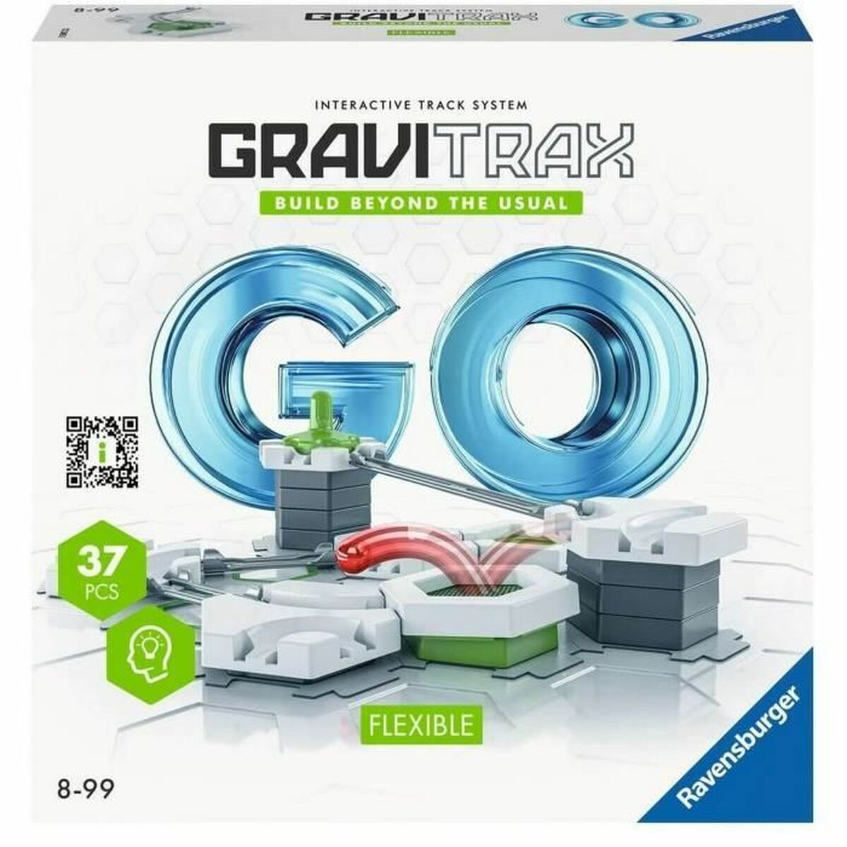 Scatola Gravitrax Go con pezzi e istruzioni. 37 pezzi, flessibile. Età 8-99.