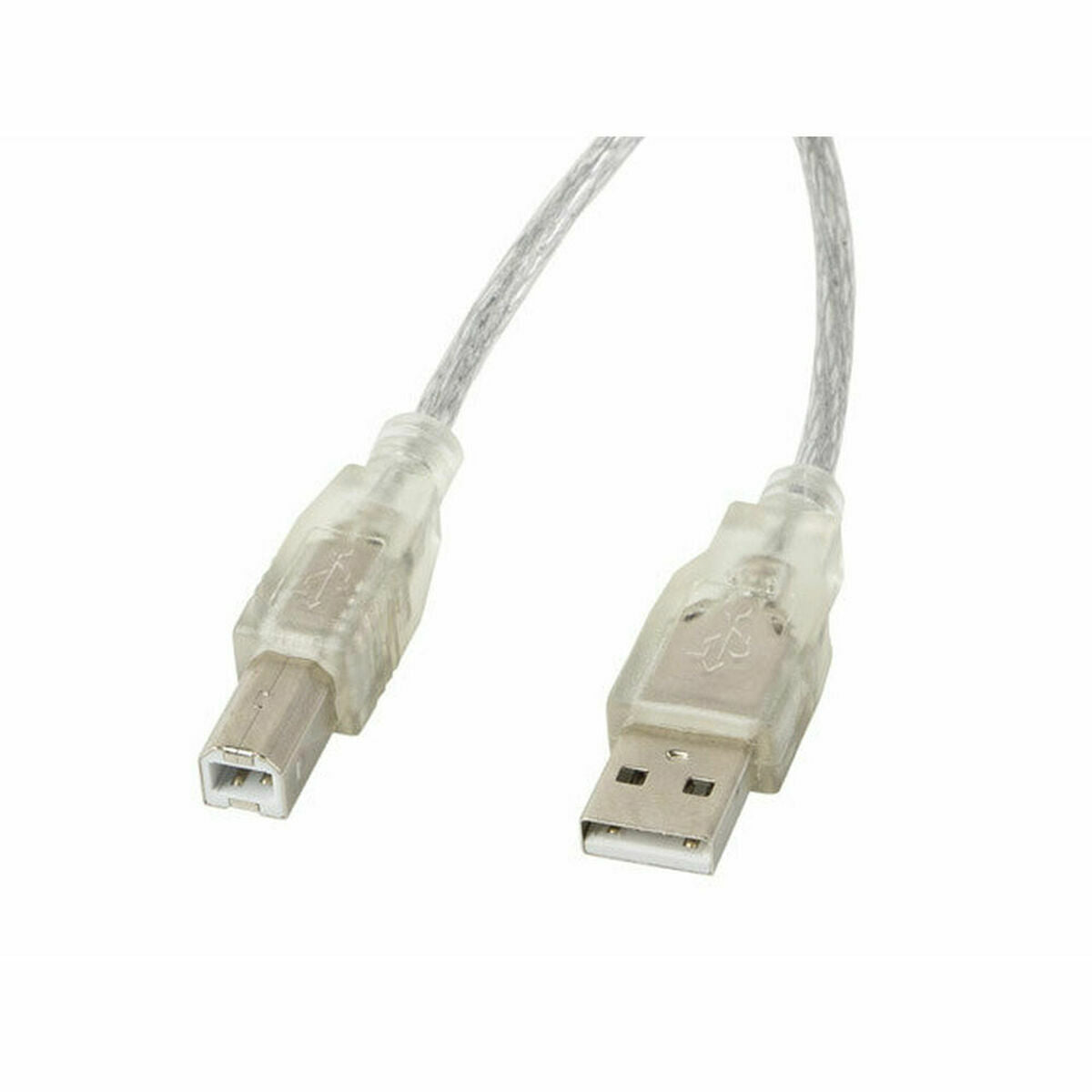 Przezroczysty konektor USB-A i konektor USB-B na białym tle.