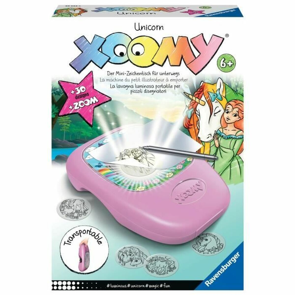 Un tavolino da disegno rosa a tema unicorno con penna. Include disegni ed è per bambini dai 6 anni in su.
