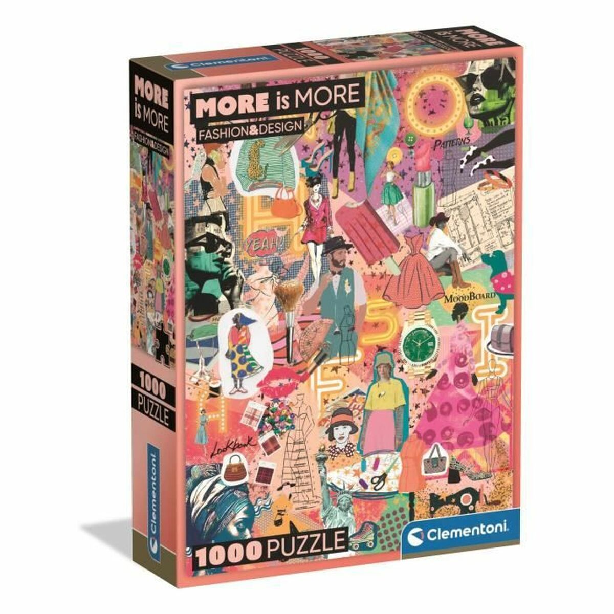 Boîte de puzzle collage avec des créations de mode, texte 'MORE is MORE', 'FASHION & DESIGN', '1000 PUZZLE'.
