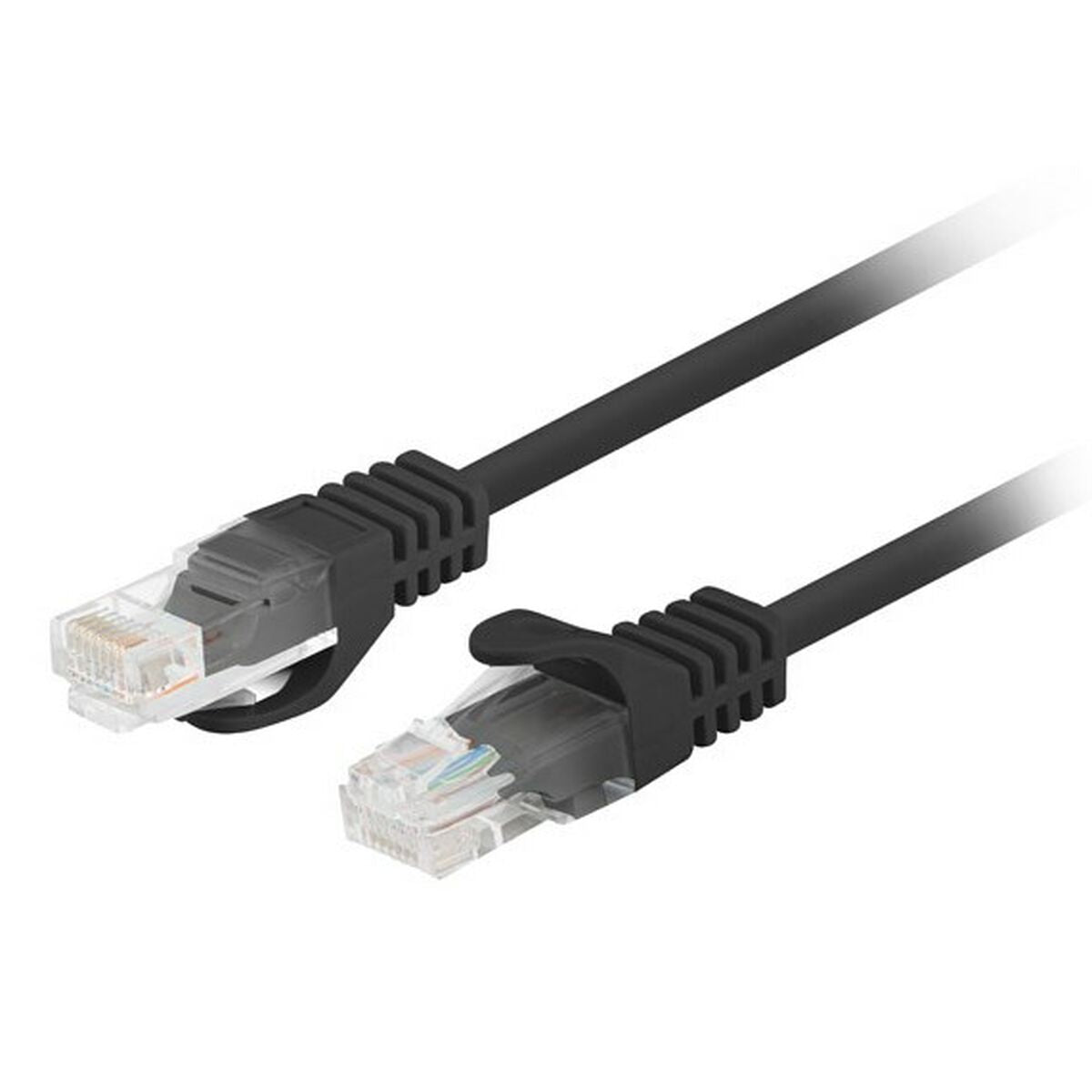 Dwa czarne kable Ethernet z przezroczystymi złączami na białym tle.
