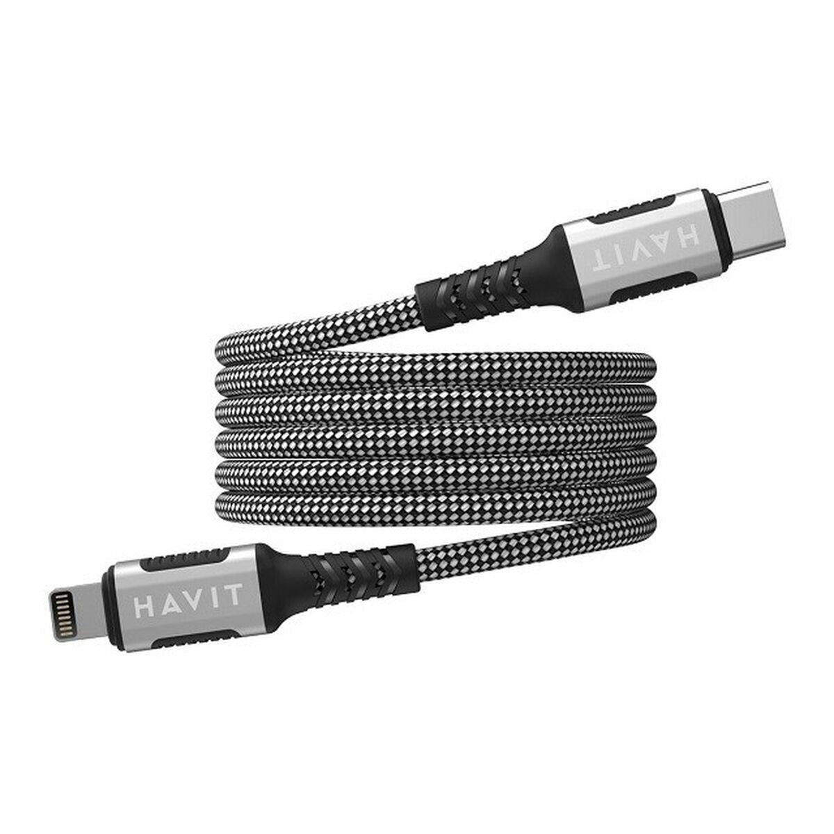 Czarno-biały kabel w oplocie ze złączami USB-C i Lightning.