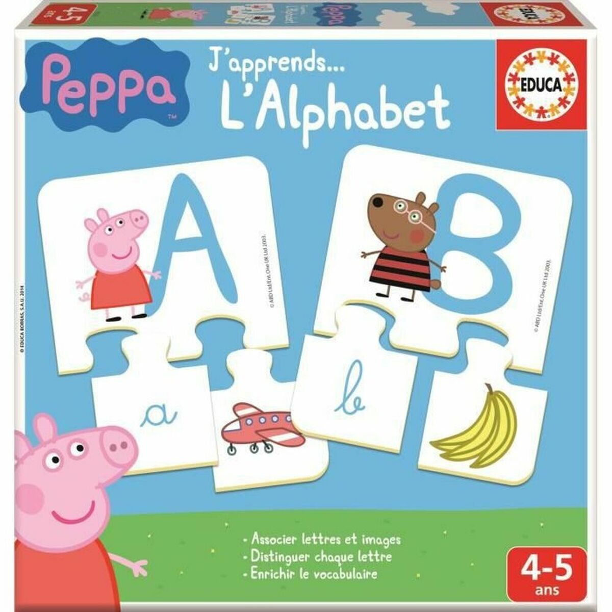 Gioco di apprendimento dell'alfabeto Peppa Pig con lettere A, B e immagini.
