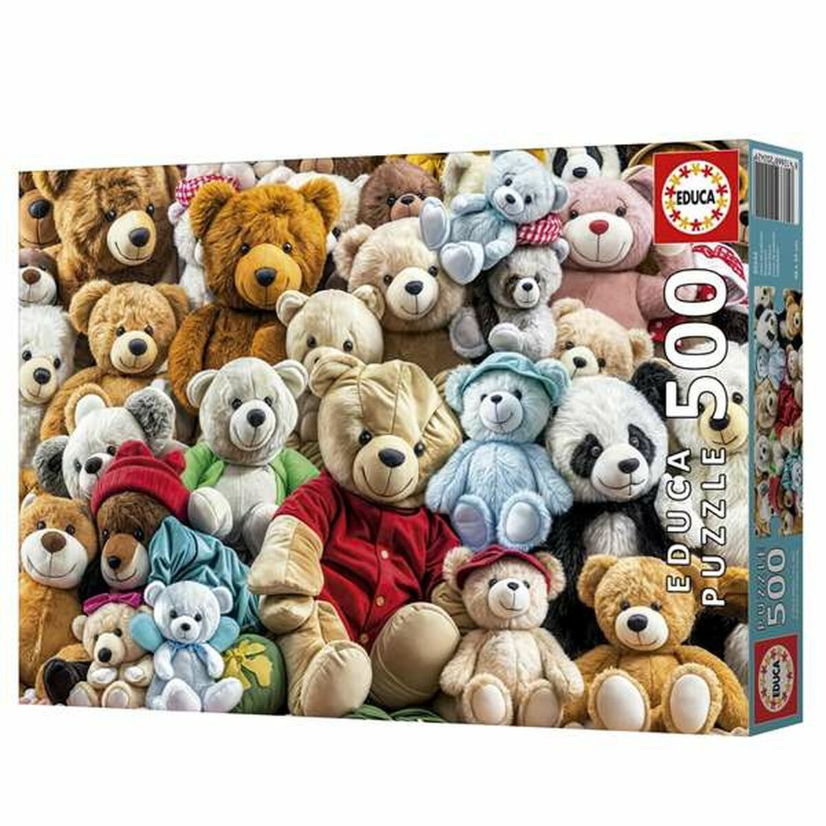 Muchos ositos de peluche de varios tamaños y colores, algunos con ropa.