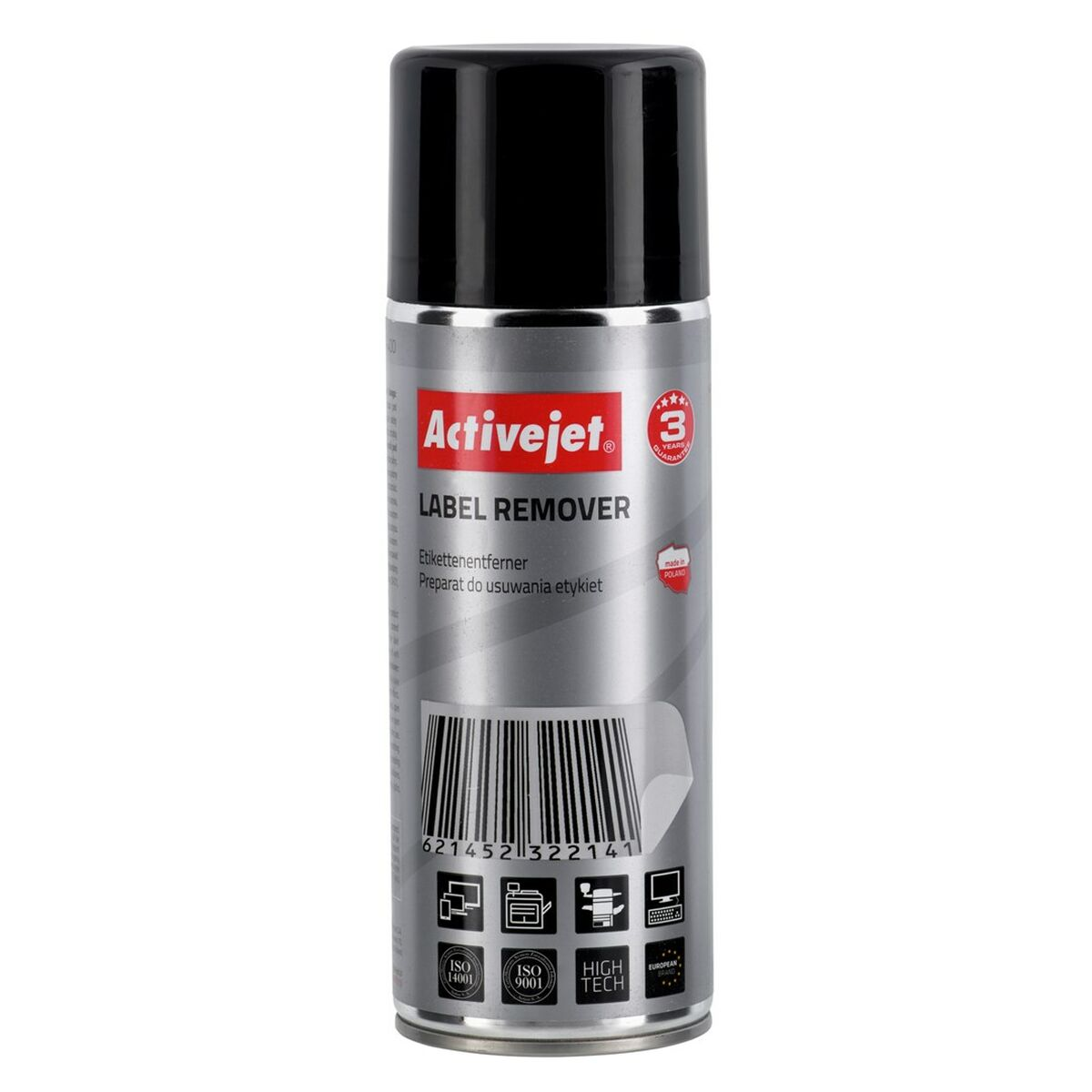Dose mit Activejet Etikettenentferner mit Barcode und ISO-Siegeln.