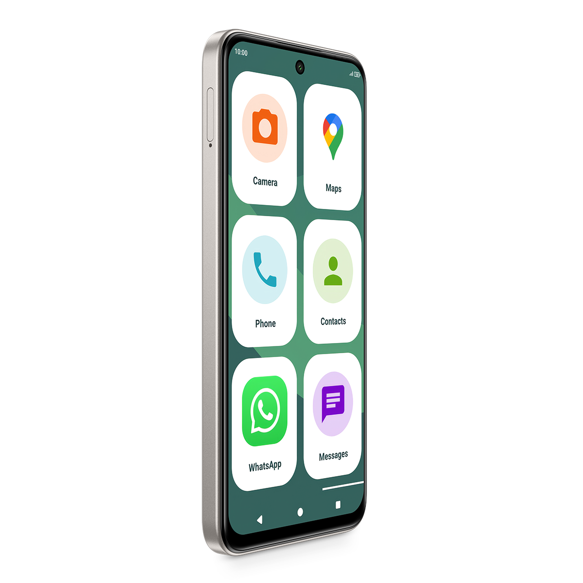 Ein Smartphone mit einem silbernen Gehäuse und einem dunklen Bildschirm, der App-Symbole anzeigt.