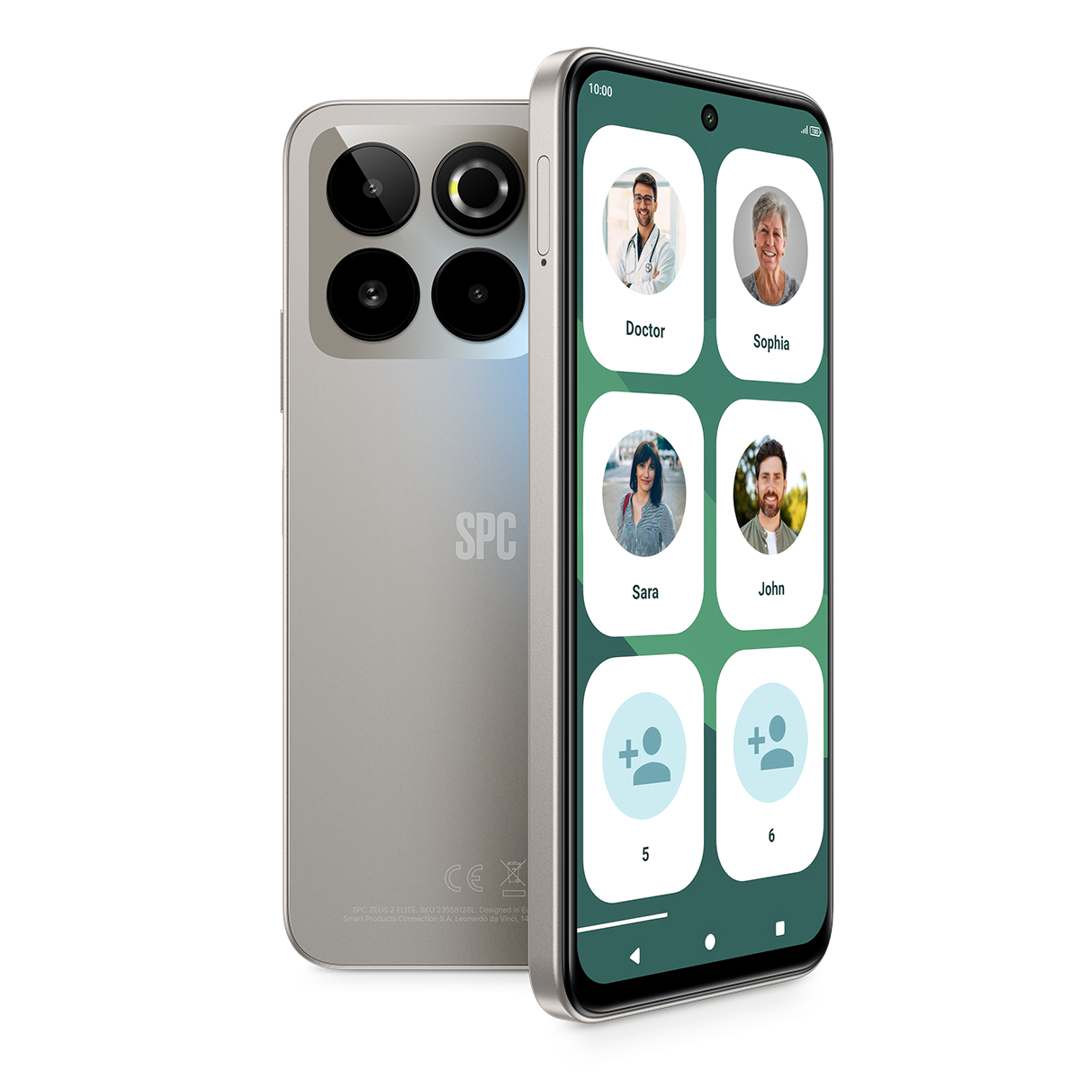 Silbernes SPC-Smartphone mit Quad-Kamera und Kontaktliste auf dem Bildschirm.