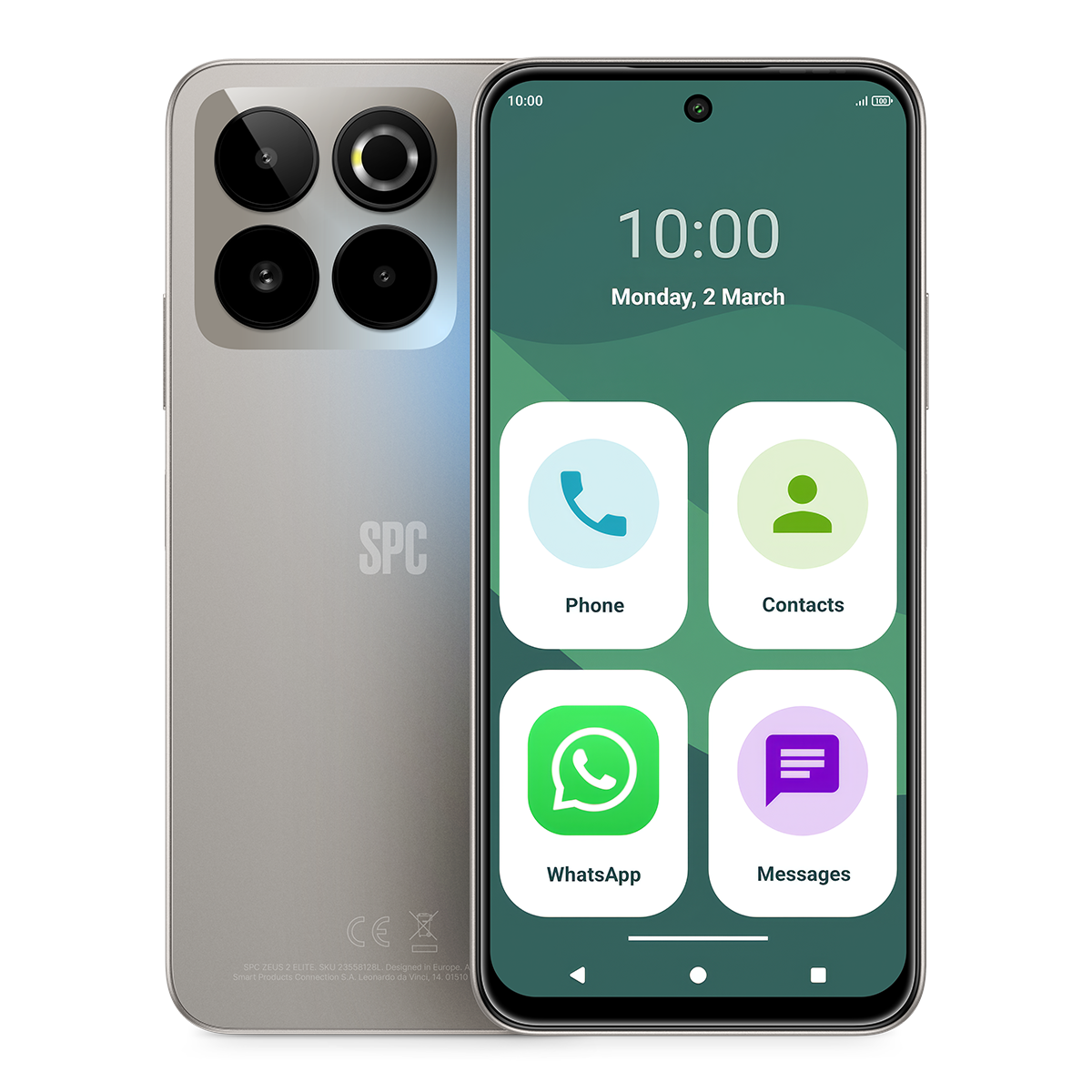 Ein silbernes Smartphone mit vier Kameras und SPC-Logo auf der Rückseite.
