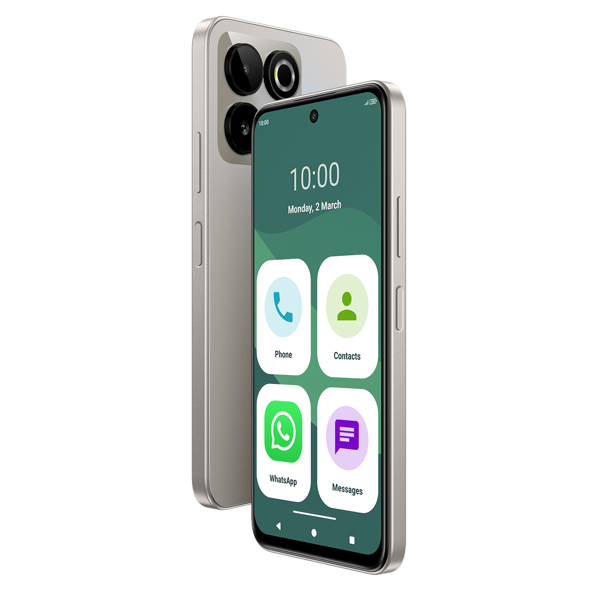 Zwei silberne Smartphones nebeneinander, eines mit Kameramodul hinten.