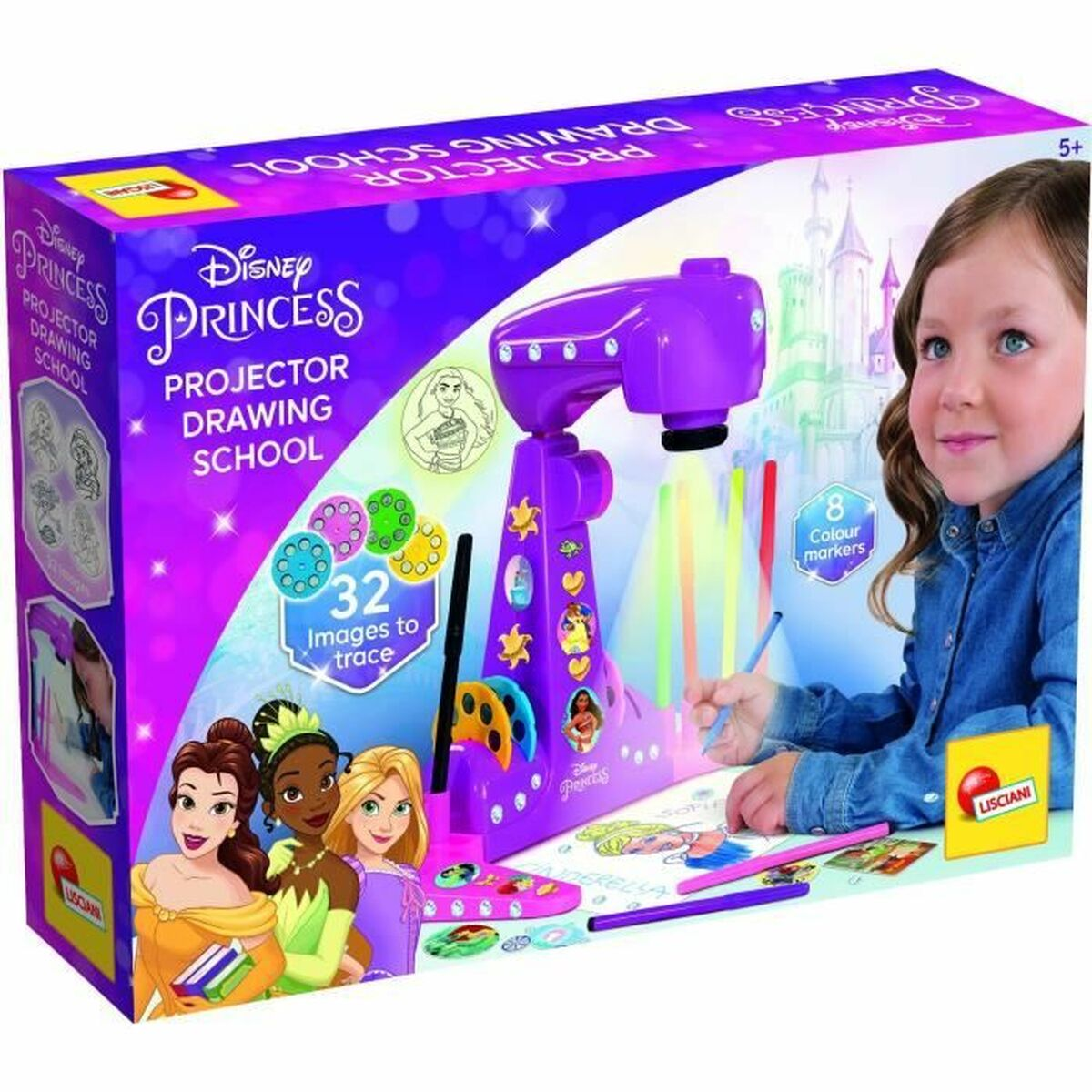 Projektor do rysowania Disney Princess z 32 obrazkami i 8 markerami.