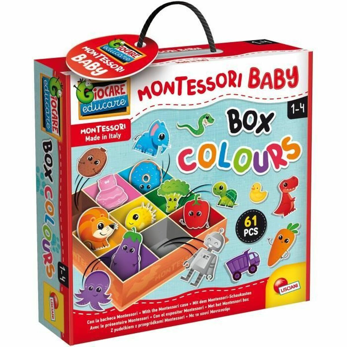 Verpackung des Montessori Baby Box Colours Spielzeugs mit bunten Gegenständen.