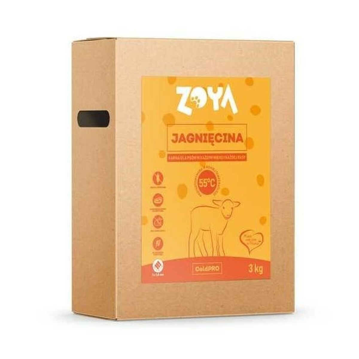 Una caja de cartón de cordero Zoya, 3kg, procesado a 55°C.