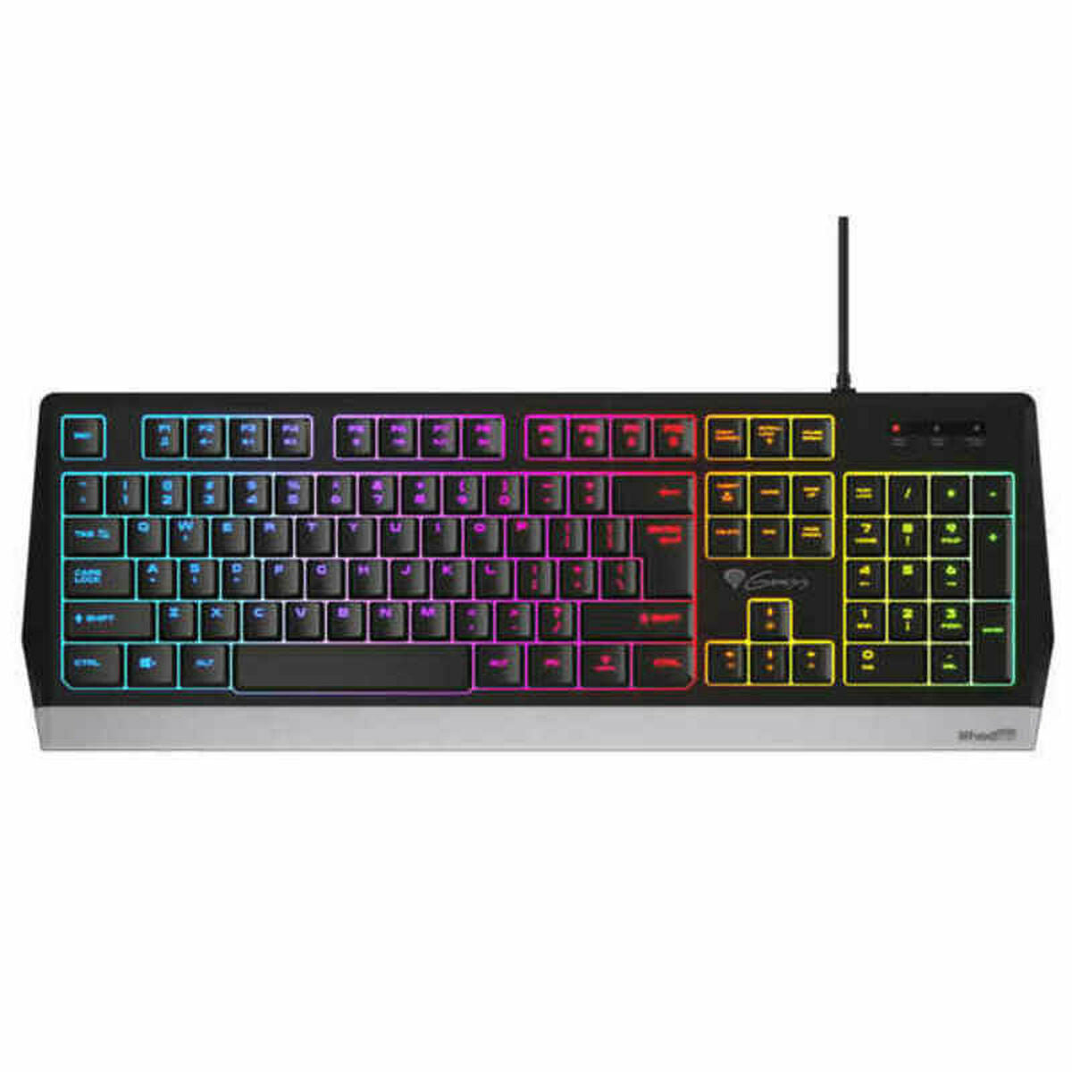 Czarna klawiatura z kolorowym podświetleniem RGB i srebrnym wykończeniem.