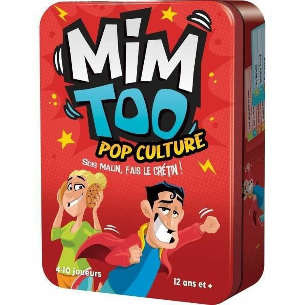 Scatola del gioco MIM TOO POP CULTURE. Presenta personaggi dei cartoni animati, testo in francese. Per 4-10 giocatori, 12+ anni.