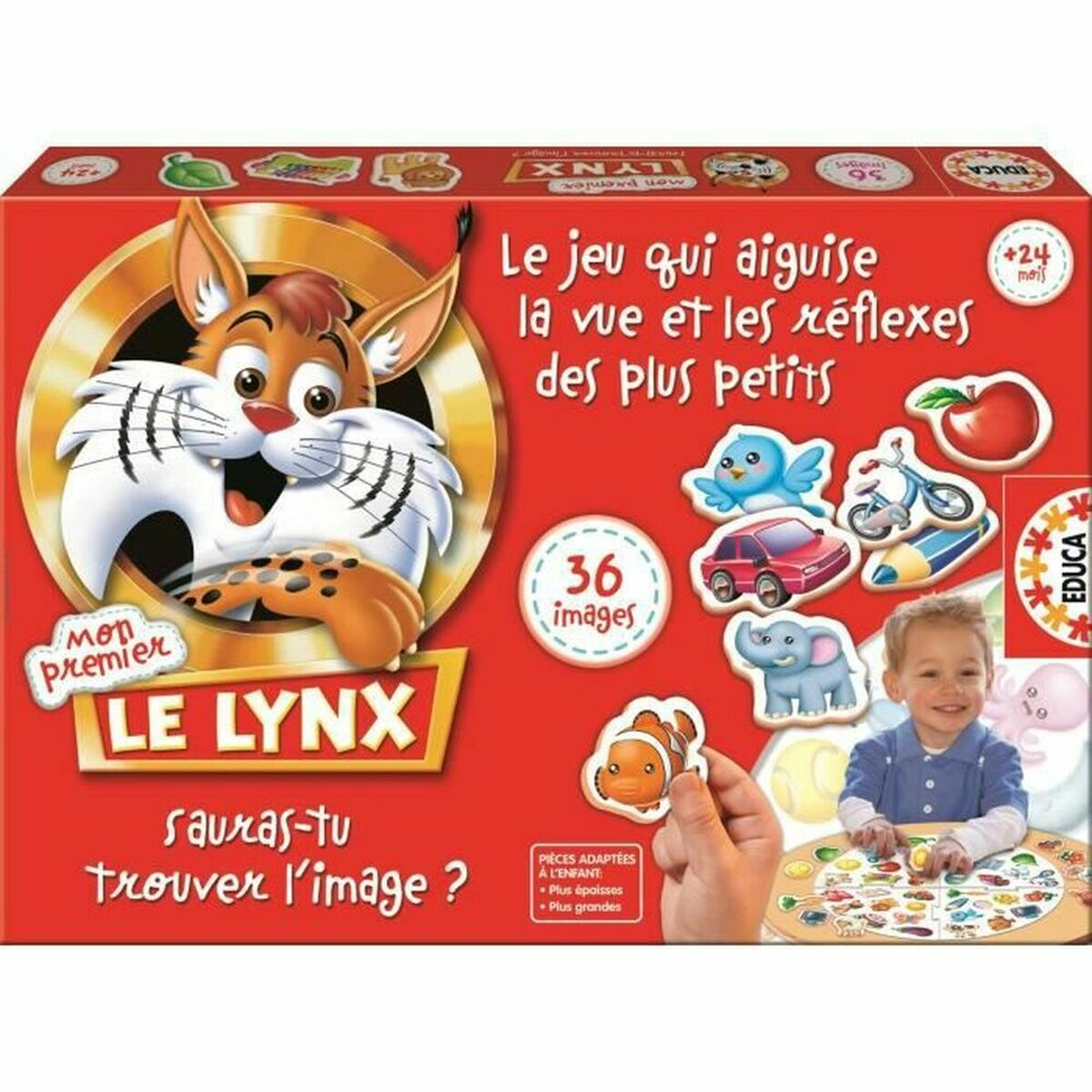 Brettspiel "Le Lynx" mit einem Cartoon-Luchs und Spielbildern. Für Kinder ab 24 Monaten.
