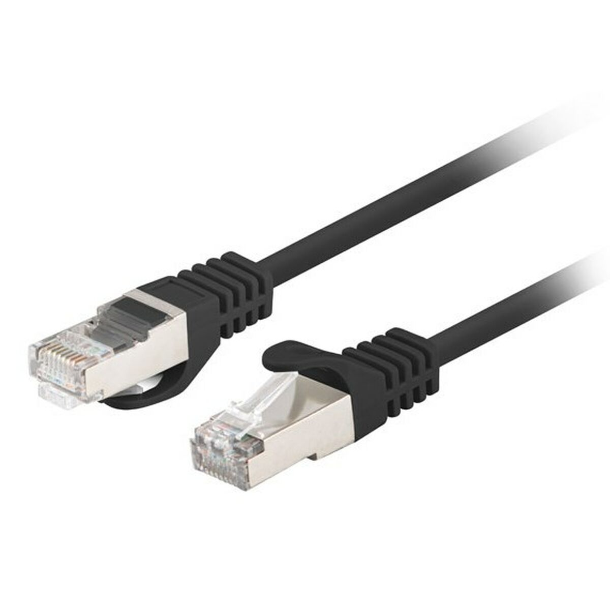Czarny kabel Ethernet z dwoma złączami RJ45, na białym tle.
