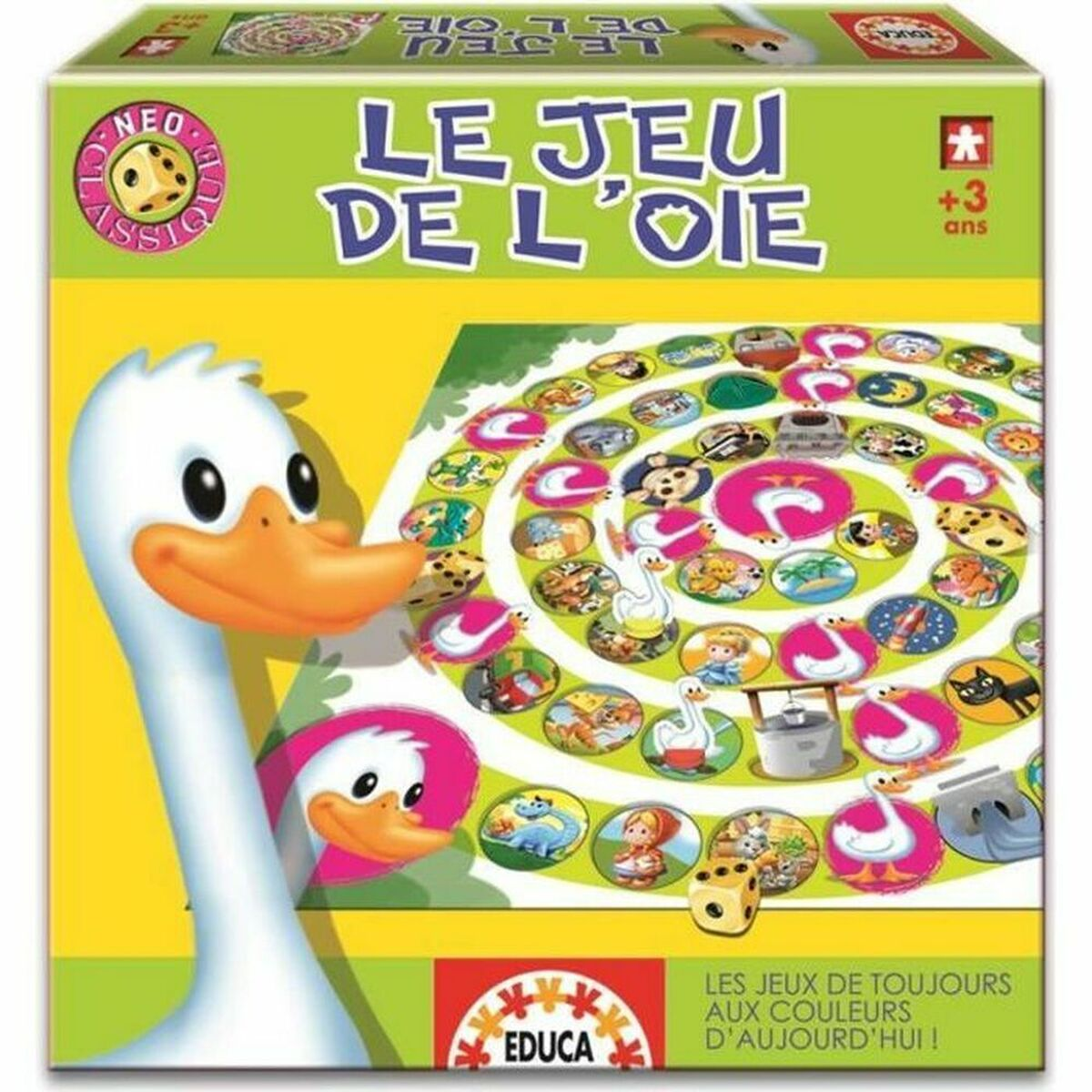 Scatola del gioco da tavolo con un'oca e un tabellone colorato con varie icone.