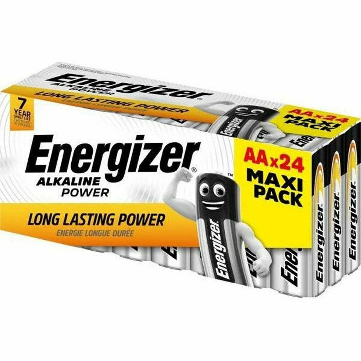 Packung mit 24 Energizer AA Alkaline-Batterien mit langer Laufzeit.