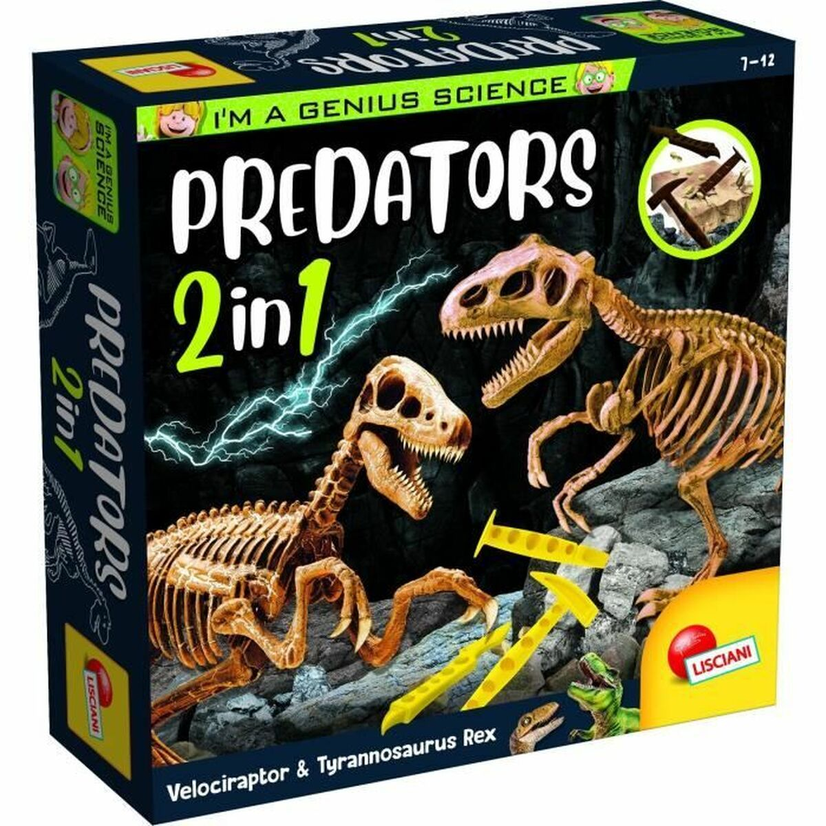 Verpackung eines Dinosaurier-Skelett-Bausatzes mit Velociraptor und Tyrannosaurus Rex.