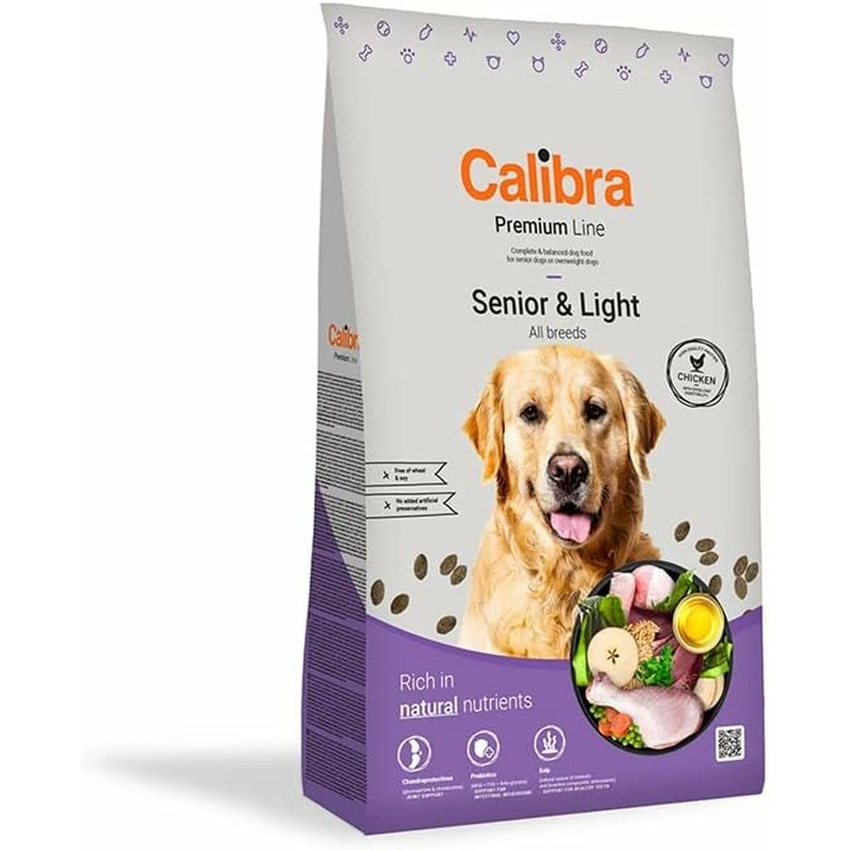 Torba karmy dla psów Calibra Senior & Light z kurczakiem, karma, składniki odżywcze.