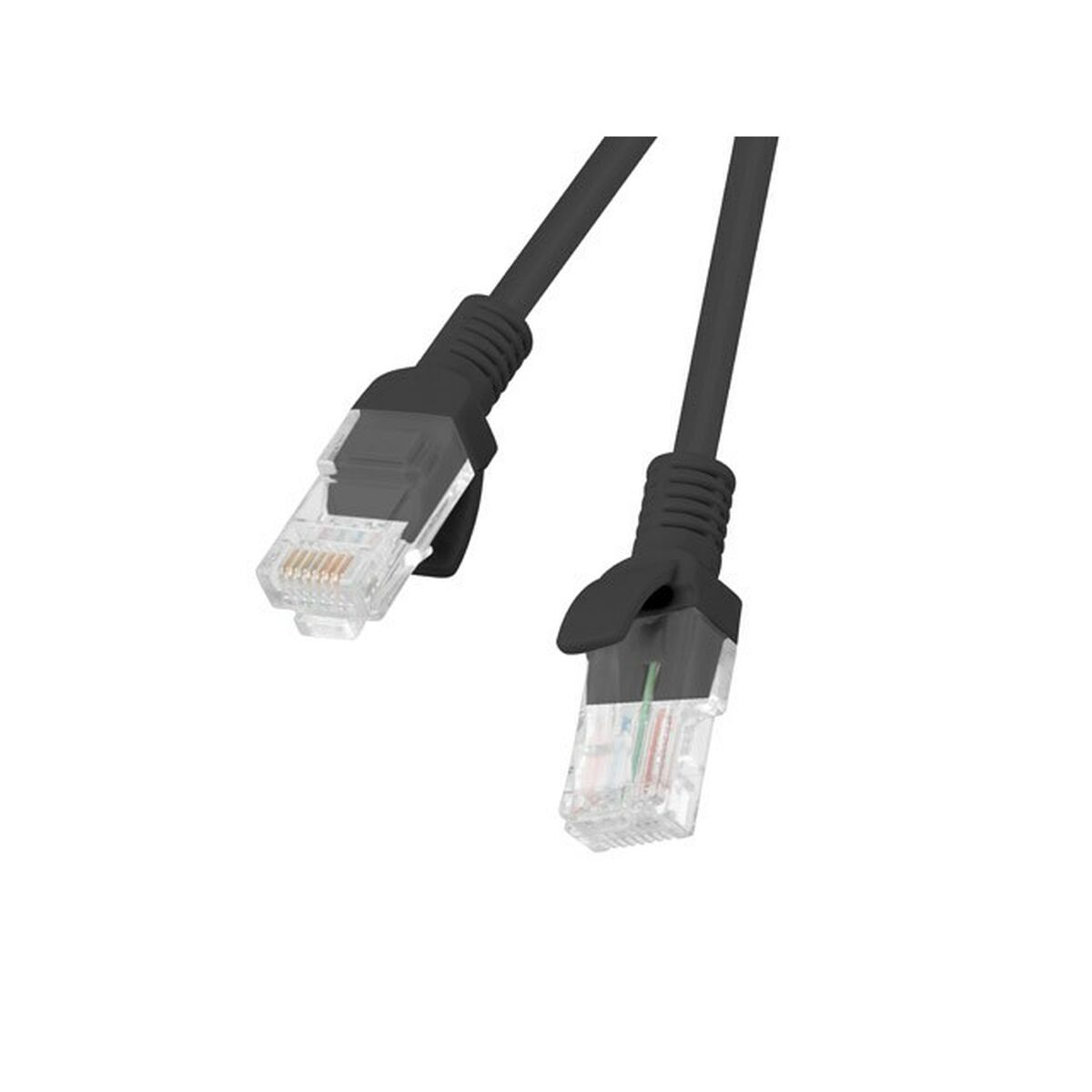 Dwa czarne kable Ethernet z przezroczystymi złączami na białym tle.