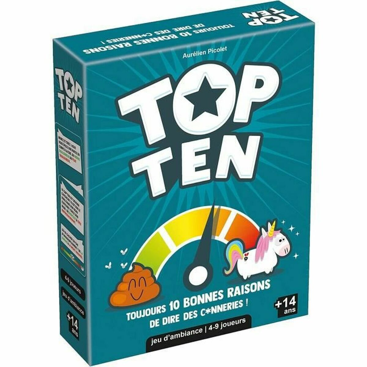 Spielverpackung mit "Top Ten"-Logo, einem Einhorn und einem Smiley-Haufen.