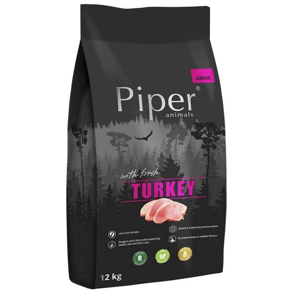 Bolsa negra de comida para perros Piper Junior con pavo y gráficos de bosque. 12 kg.