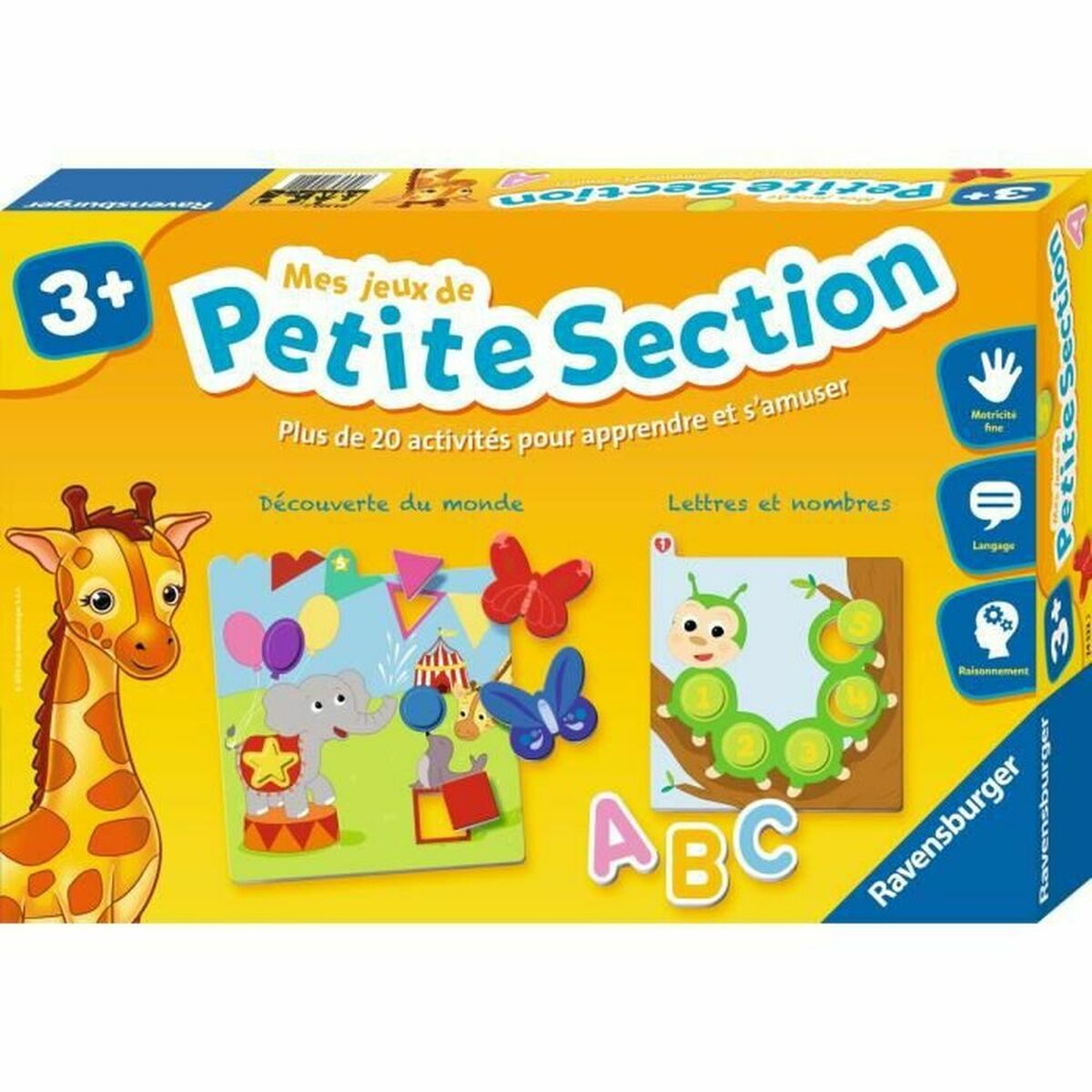Ravensburger Petite Section speldoos met giraffe, olifant, vlinders en rups.