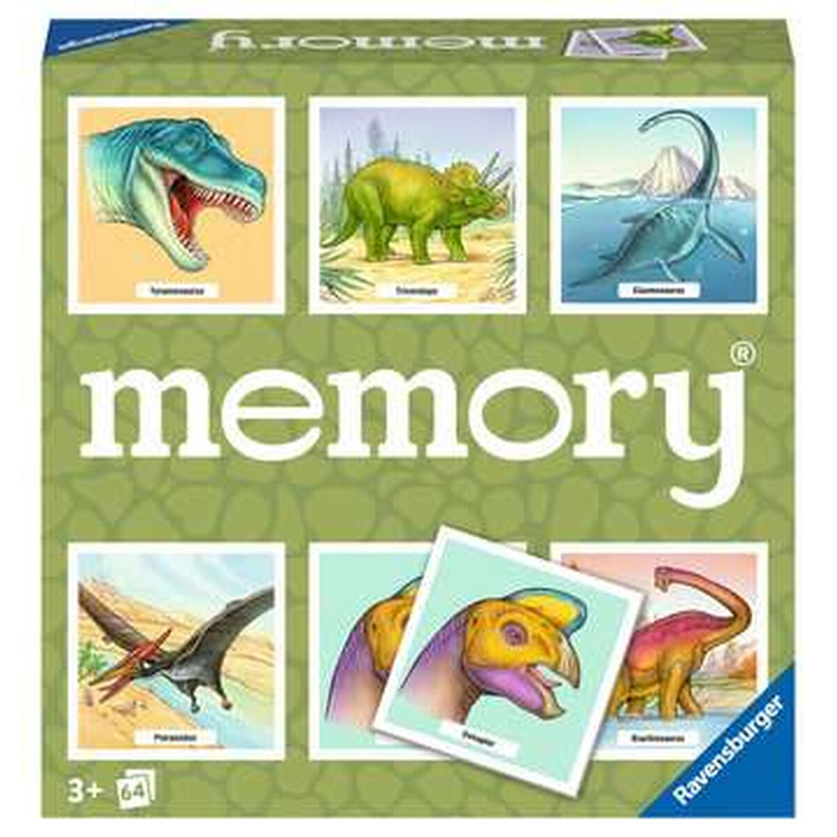 Pudełko gry Memory Dinozaury z wizerunkami Tyranozaura, Triceratopsa, Plesiozaura.