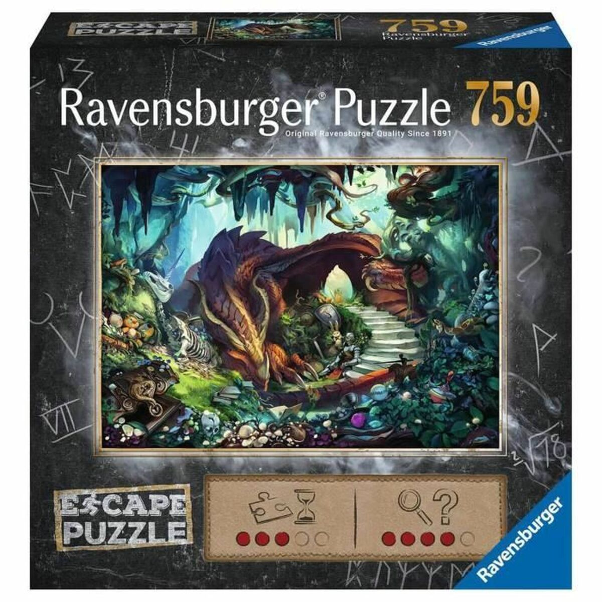 Un puzzle di drago con un drago, scheletri e una scala.