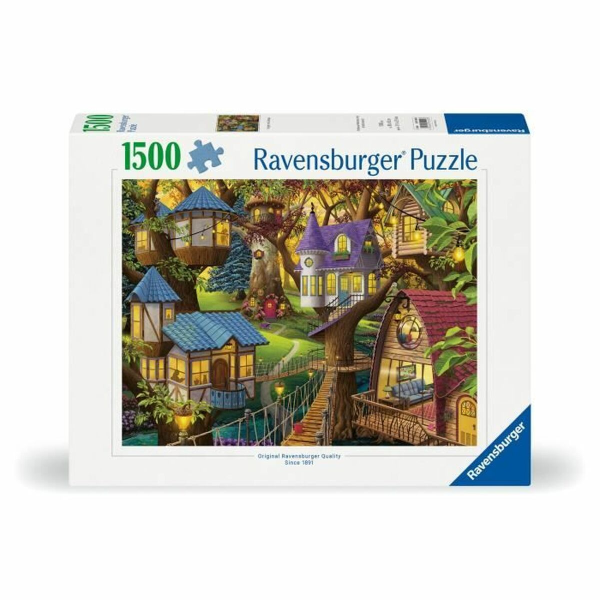 Ravensburger 1500-delige puzzeldoos toont een grillig bosdorp met boomhutten.