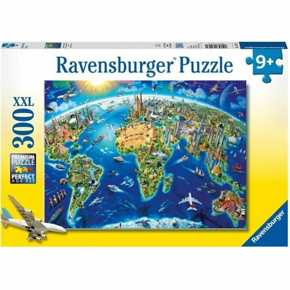 Pudełko puzzli Ravensburger 300 XXL z mapą świata, miastami, samolotami i statkami.