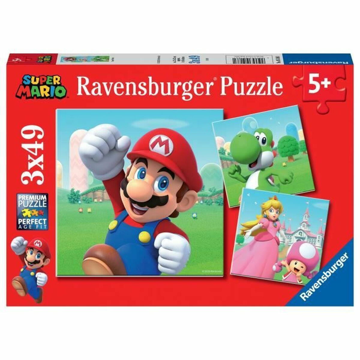 Puzzle Ravensburger Super Mario 3x49 z Mario, Yoshi, Księżniczką Peach i Toadem.