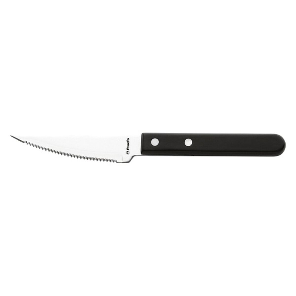 Ein scharfes Messer mit einem gezackten Blatt und einem schwarzen Griff.
