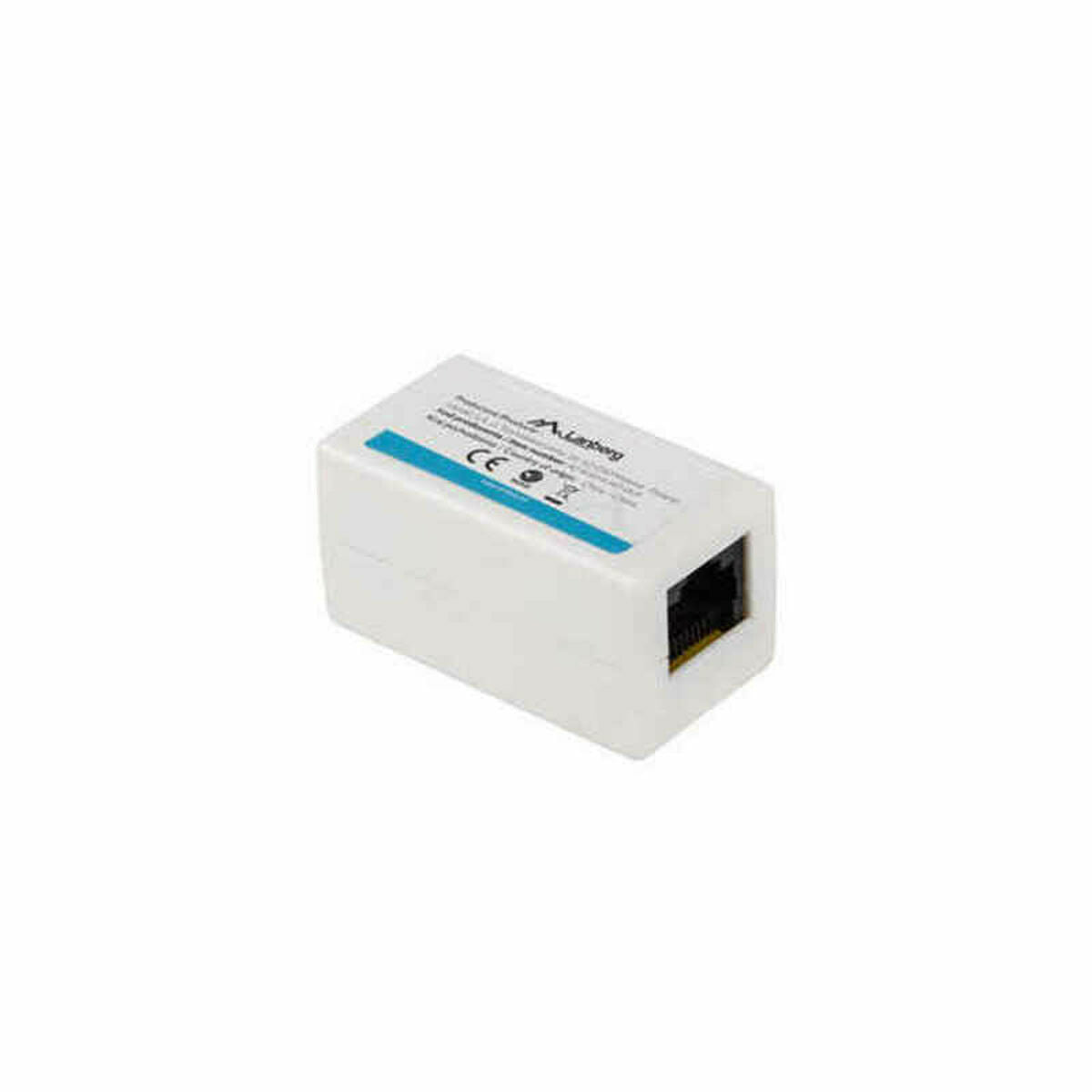 Un adattatore di rete bianco con porta Ethernet e marcature blu.