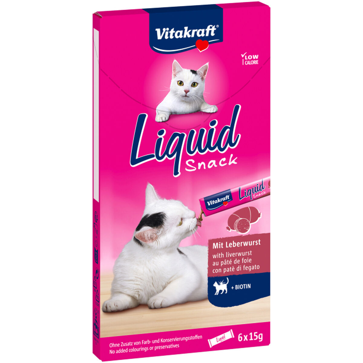 Caja Vitakraft Liquid Snack con un gato comiendo.