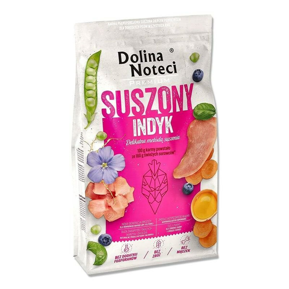 Opakowanie karmy dla psów z indykiem, grochem, jagodami, morelami i żółtkiem.