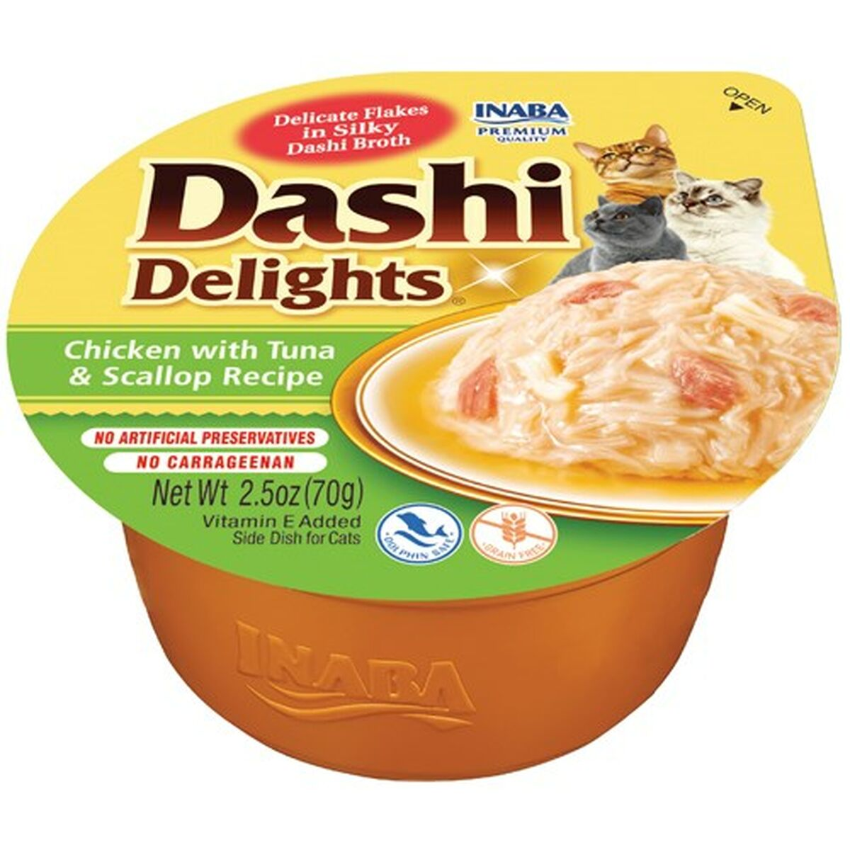 Comida para gatos Dashi Delights: Pollo con Atún y Vieiras en Caldo.