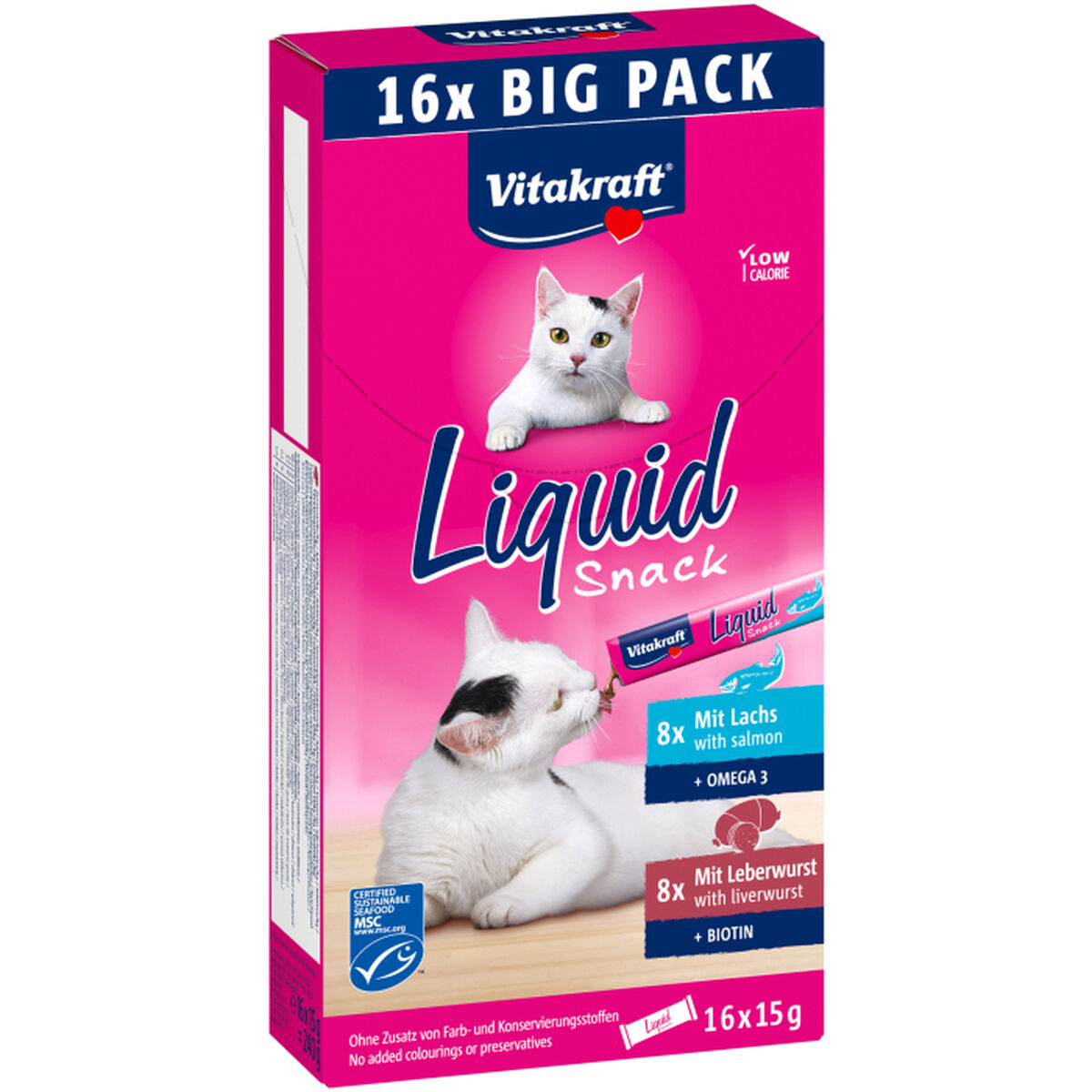 Paquete de comida para gatos Vitakraft Liquid Snack con dos gatos y bolsas.
