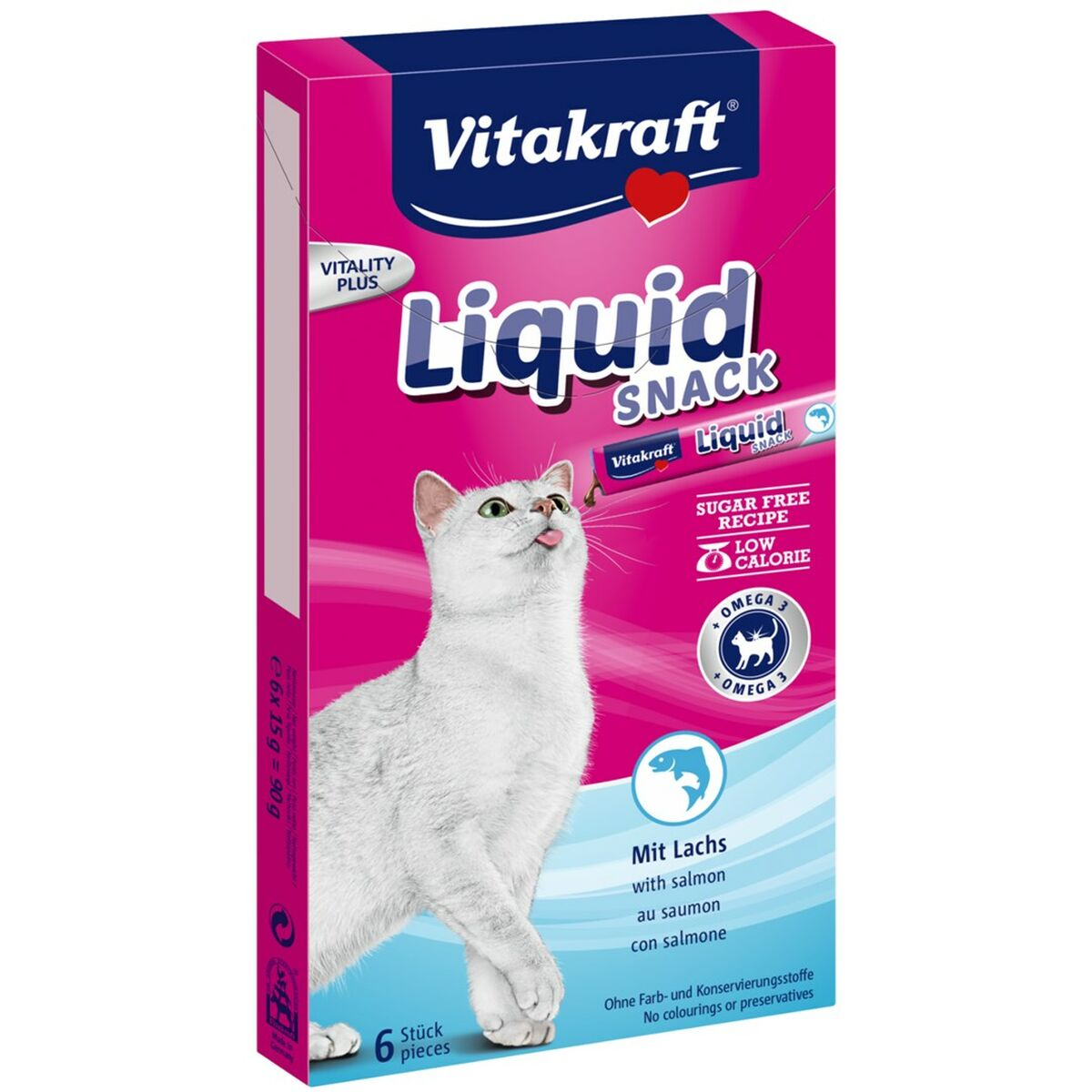 Vitakraft Liquid Snack con salmón para gatos. Gato blanco lamiéndolo.