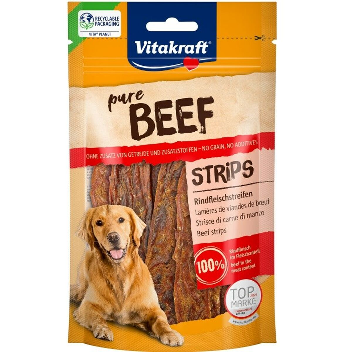 Vitakraft tiras de ternera con un Golden Retriever en el envase.