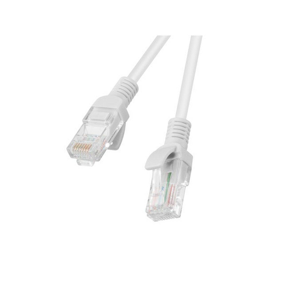 Due connettori per cavo Ethernet bianchi con estremità trasparenti.