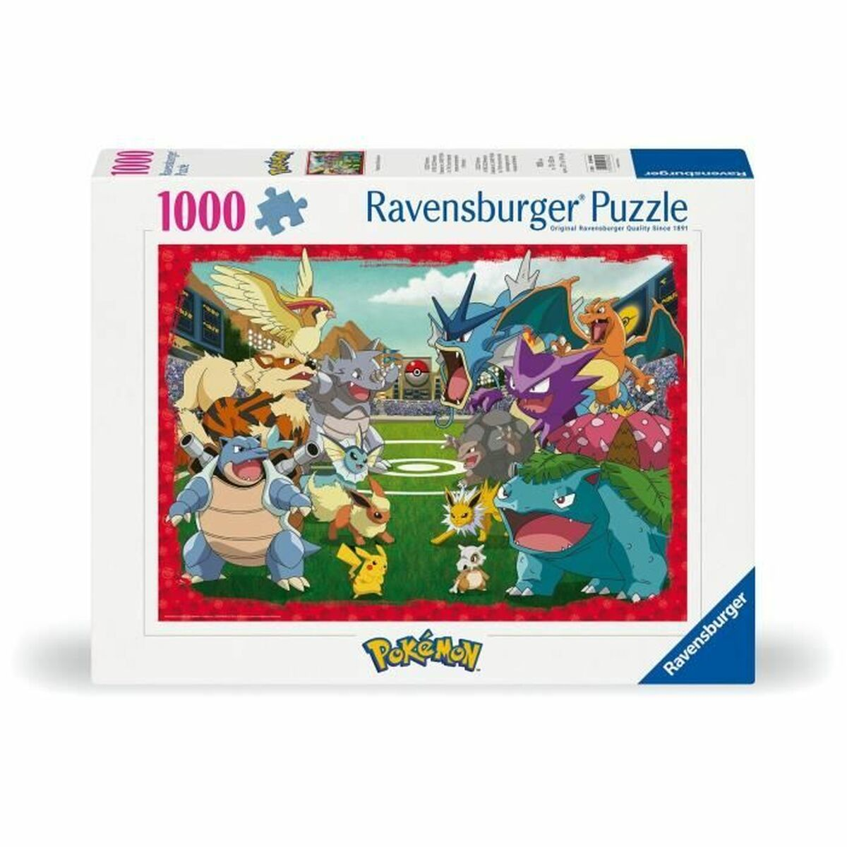 Puzzle Ravensburger 1000 elementów Pokemon przedstawia wiele postaci Pokemon na boisku.