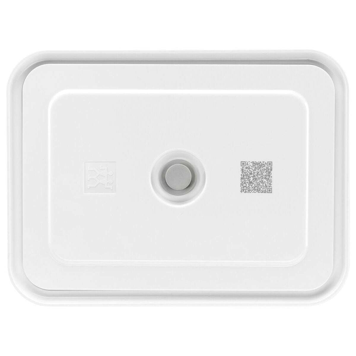 Tapa rectangular blanca con código QR y logo.
