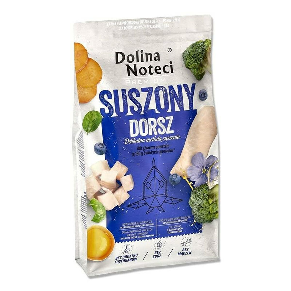Torebka karmy dla psów z dorszem, brokułami, jagodami i żółtkiem.