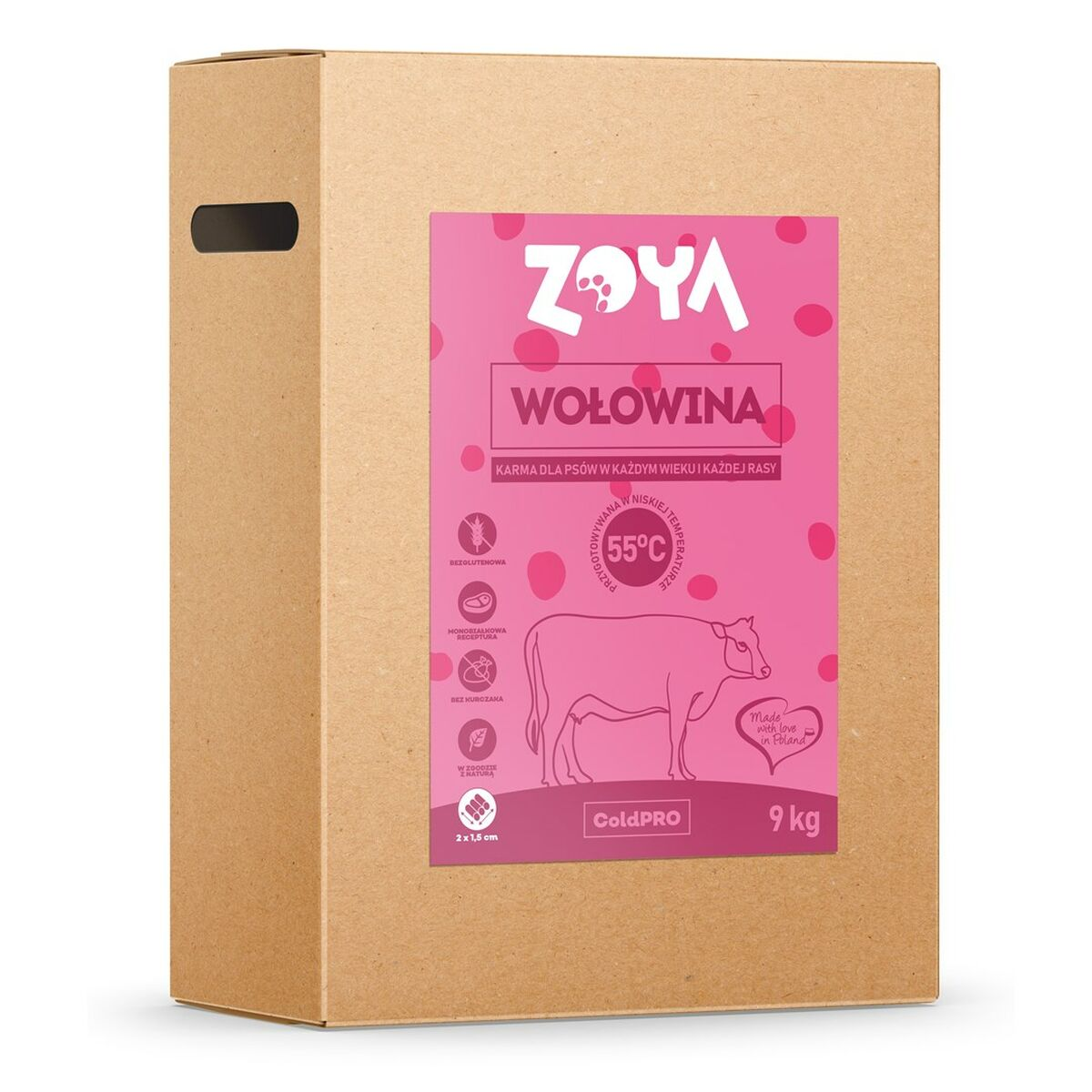 Pudełko 9 kg karmy dla psów z wołowiną, przetworzonej na zimno w 55°C.