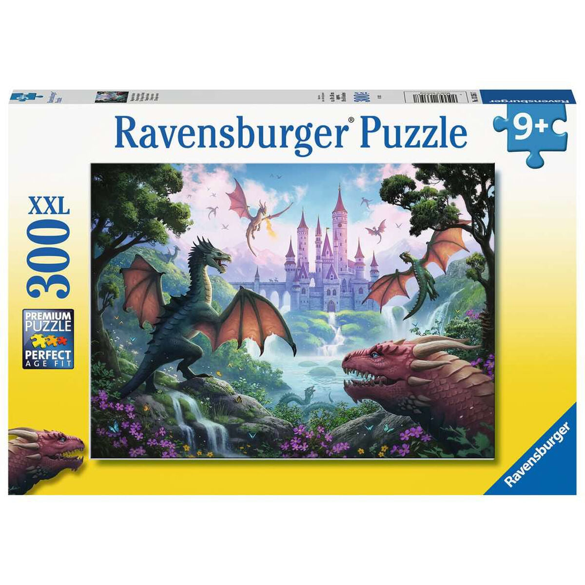 Draken vallen een kasteel aan, omringd door watervallen en bomen. Ravensburger puzzel.