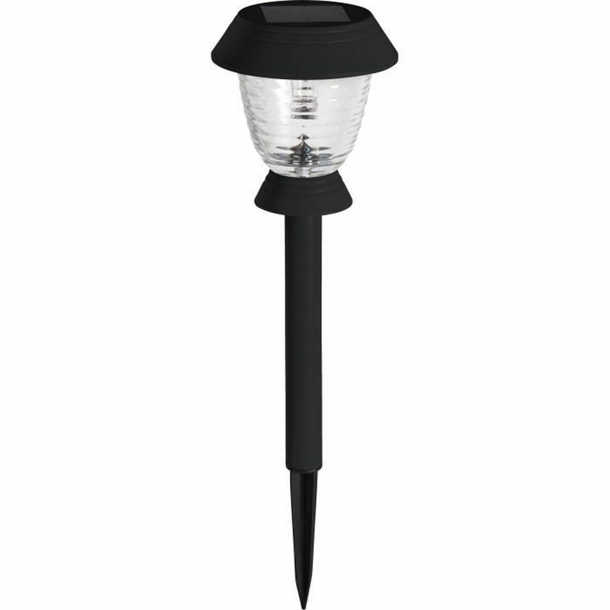 Schwarze Solarleuchte mit klarem, geriffeltem Glas und spitzem Erdspieß.